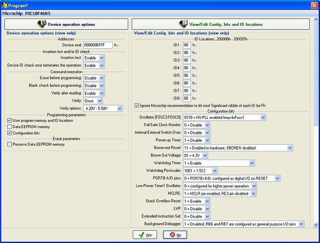 Settings for Elnec SmartProg2 to program PIC18F4685.